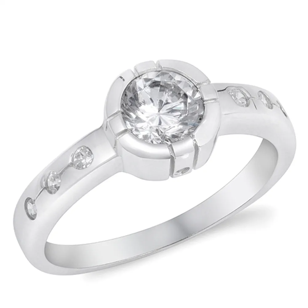 Round Clear CZ Solitaire Engagement Ring New 925 Sterling Silver Band Sizes 5-9