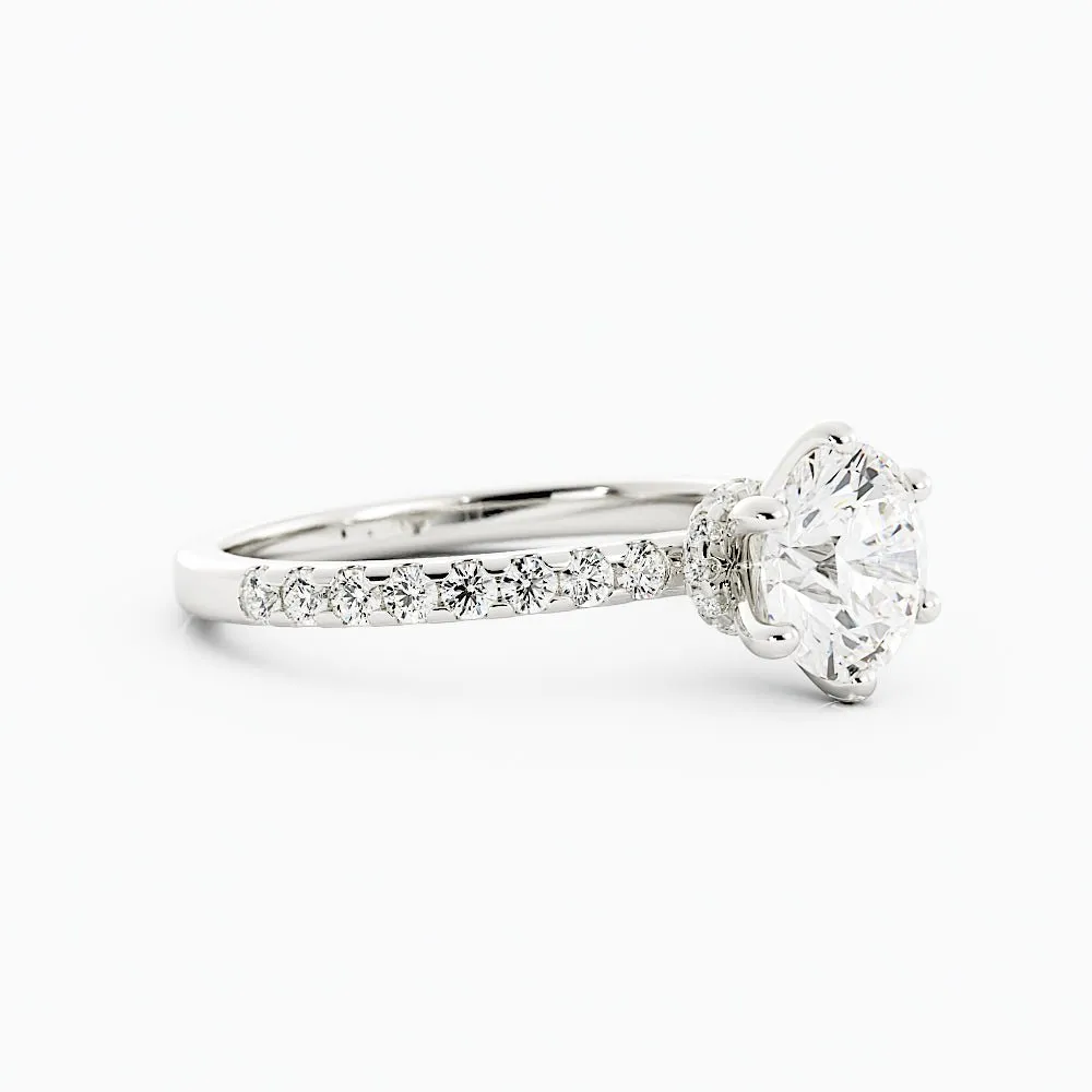 Round Diamond Solitaire Ring Pave Band Hidden Halo Accent