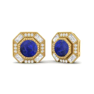 Round Lapis Minimalist Delicate Stud Women Earrings 9k Yellow Gold