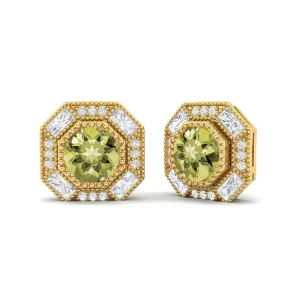 Round Lemon Quartz Minimalist Delicate Stud Women Earrings 9k Yellow Gold