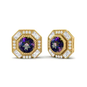Round Mystic Topaz Minimalist Delicate Stud Women Earrings 9k Yellow Gold