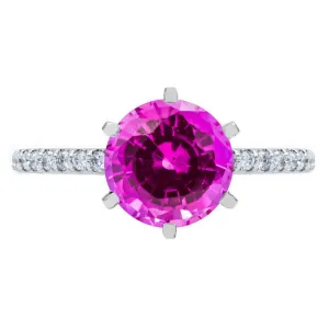 Round Pink Sapphire 6 Prongs Diamond Accent Ice Cathedral Solitaire Ring