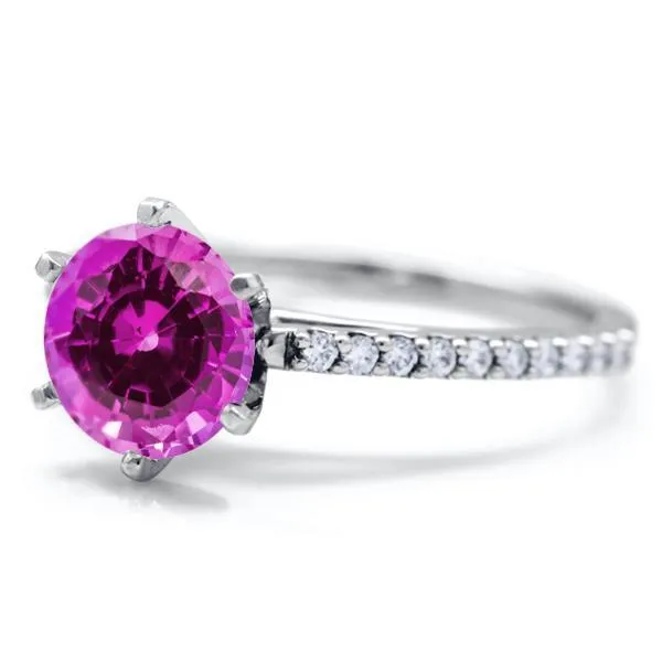Round Pink Sapphire 6 Prongs Diamond Accent Ice Cathedral Solitaire Ring