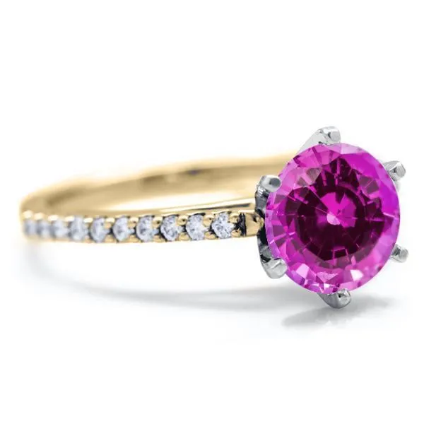 Round Pink Sapphire 6 Prongs Diamond Accent Ice Cathedral Solitaire Ring