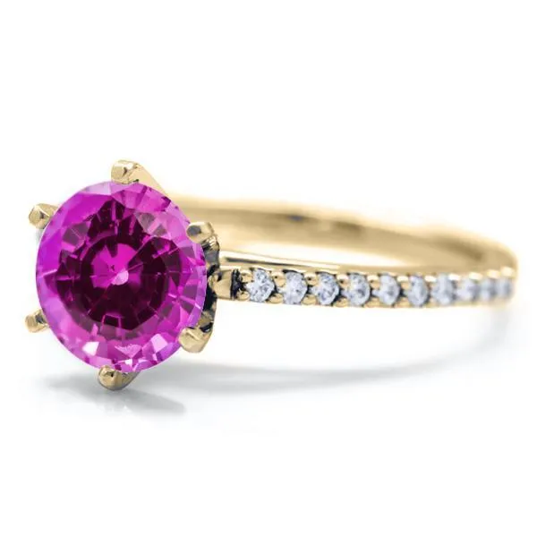 Round Pink Sapphire 6 Prongs Diamond Accent Ice Cathedral Solitaire Ring