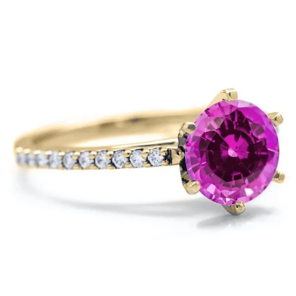 Round Pink Sapphire 6 Prongs Diamond Accent Ice Cathedral Solitaire Ring