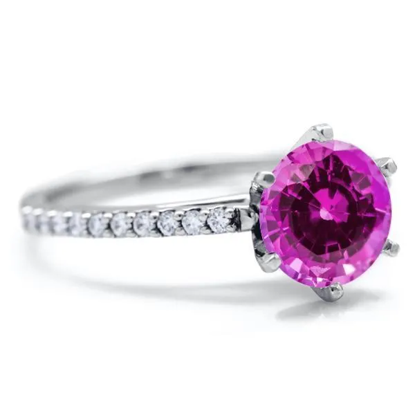 Round Pink Sapphire 6 Prongs Diamond Accent Ice Cathedral Solitaire Ring