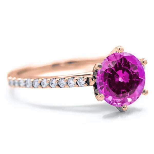 Round Pink Sapphire 6 Prongs Diamond Accent Ice Cathedral Solitaire Ring