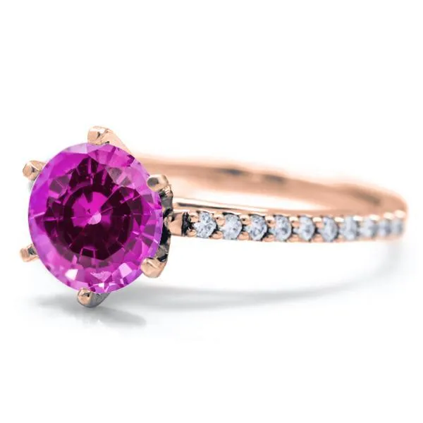 Round Pink Sapphire 6 Prongs Diamond Accent Ice Cathedral Solitaire Ring