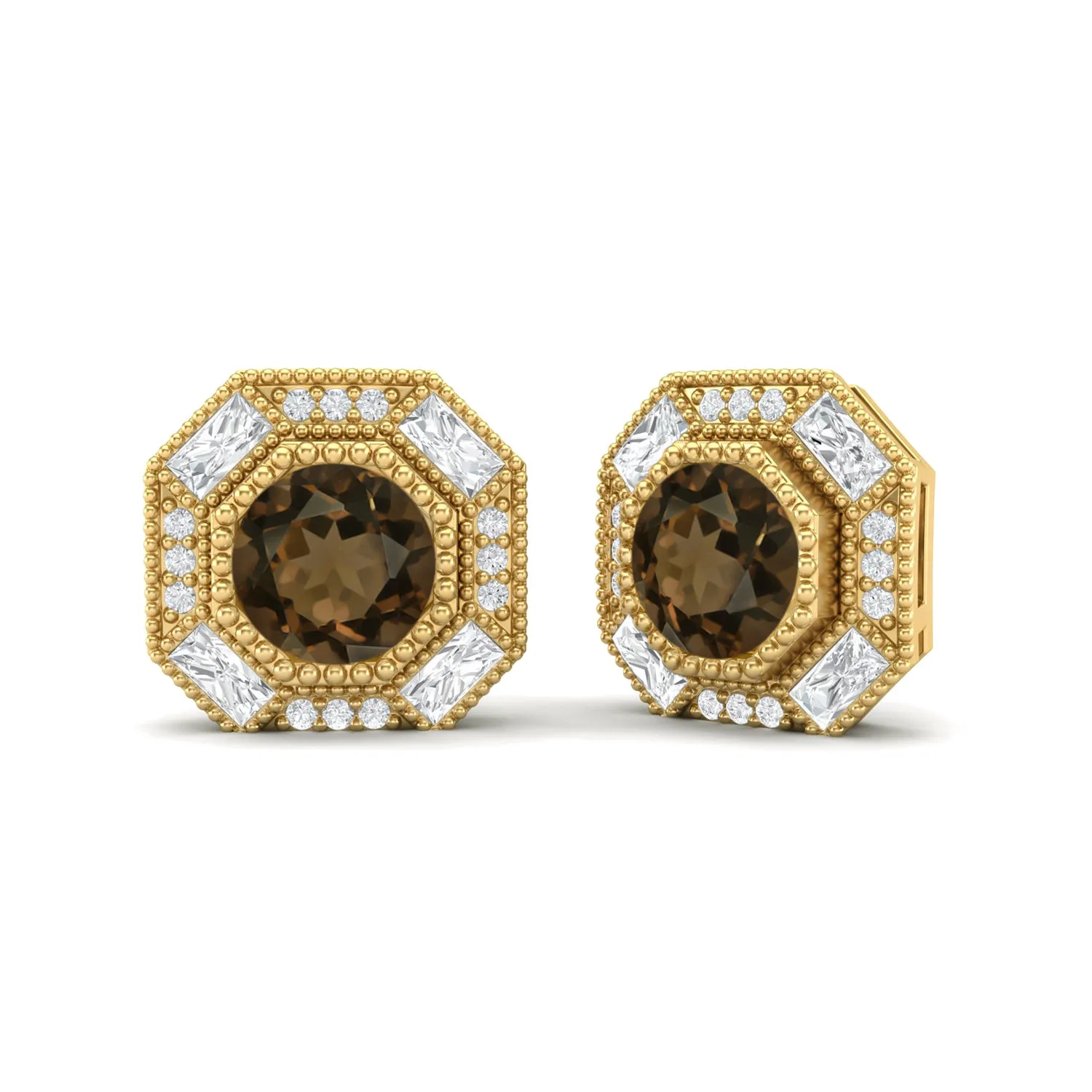 Round Smoky Quartz Minimalist Delicate Stud Women Earrings 9k Yellow Gold