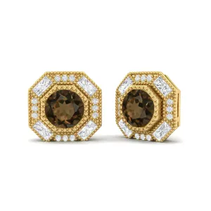 Round Smoky Quartz Minimalist Delicate Stud Women Earrings 9k Yellow Gold
