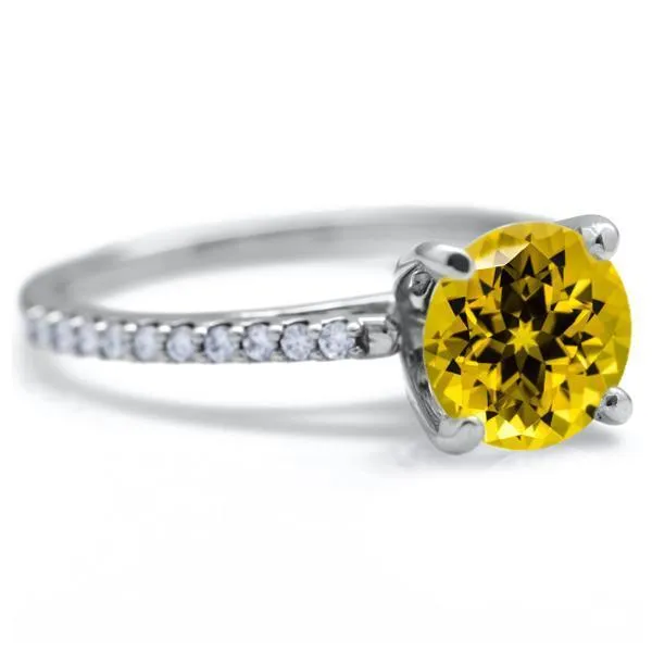 Round Yellow Sapphire 4 Prongs Diamond Accent Ice Cathedral Solitaire Ring