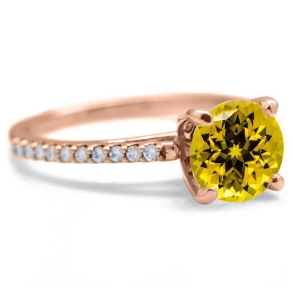 Round Yellow Sapphire 4 Prongs Diamond Accent Ice Cathedral Solitaire Ring