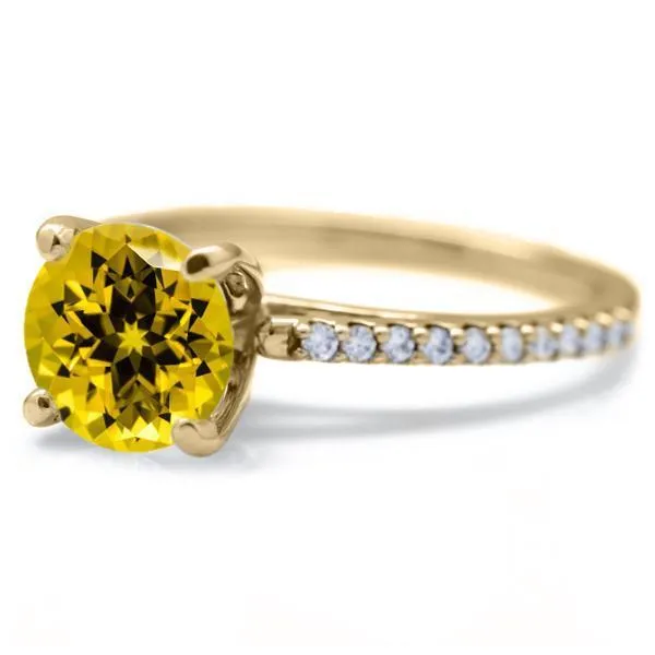 Round Yellow Sapphire 4 Prongs Diamond Accent Ice Cathedral Solitaire Ring