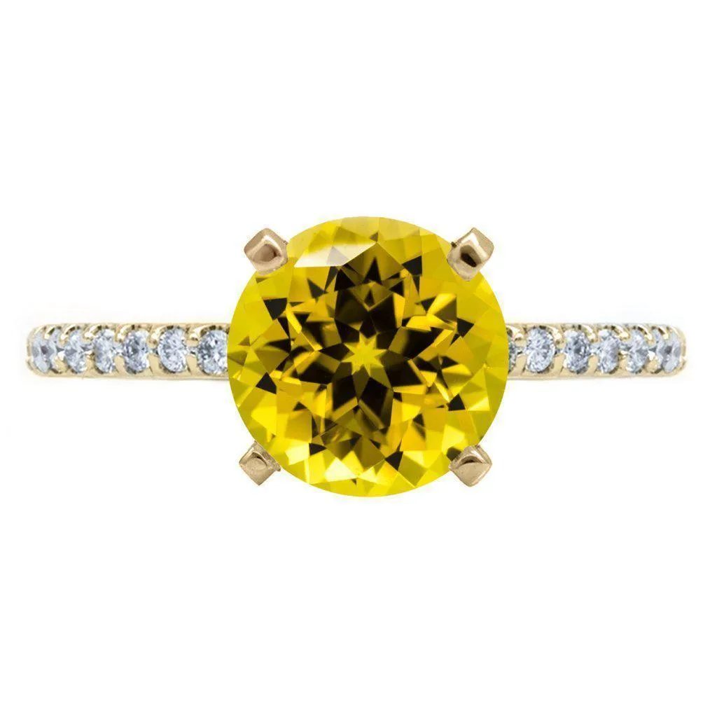 Round Yellow Sapphire 4 Prongs Diamond Accent Ice Cathedral Solitaire Ring