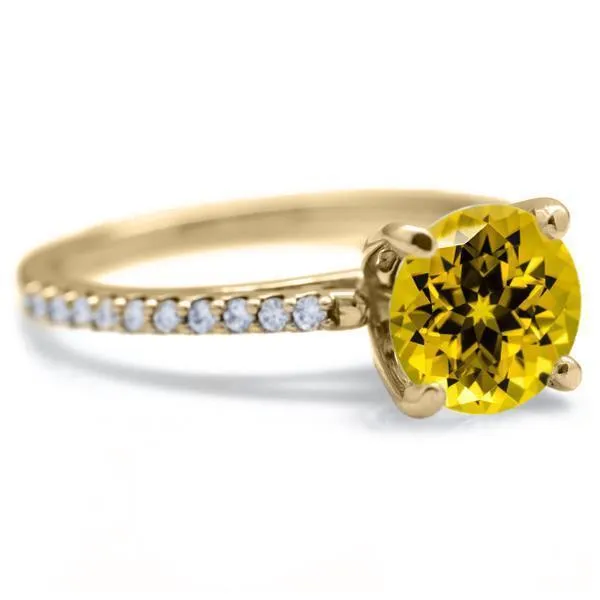 Round Yellow Sapphire 4 Prongs Diamond Accent Ice Cathedral Solitaire Ring