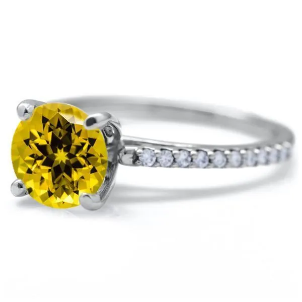 Round Yellow Sapphire 4 Prongs Diamond Accent Ice Cathedral Solitaire Ring