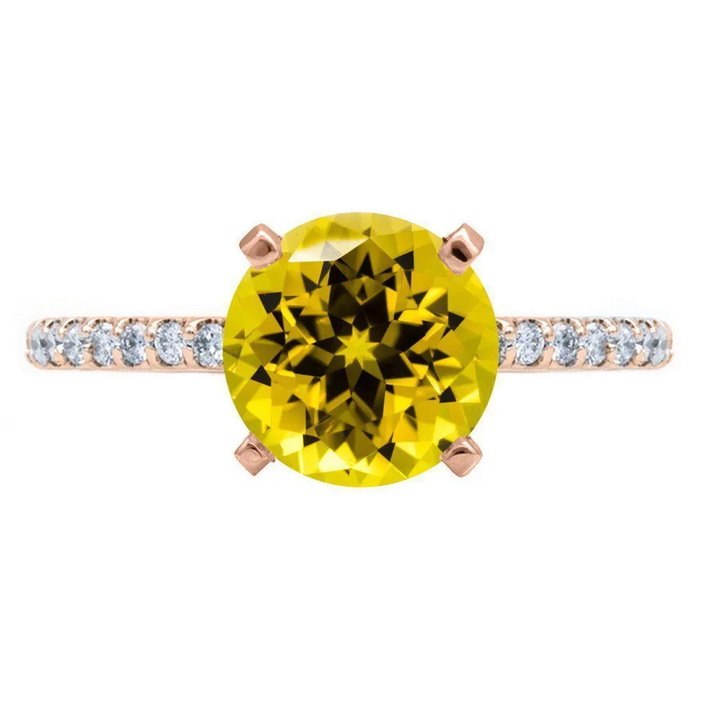 Round Yellow Sapphire 4 Prongs Diamond Accent Ice Cathedral Solitaire Ring
