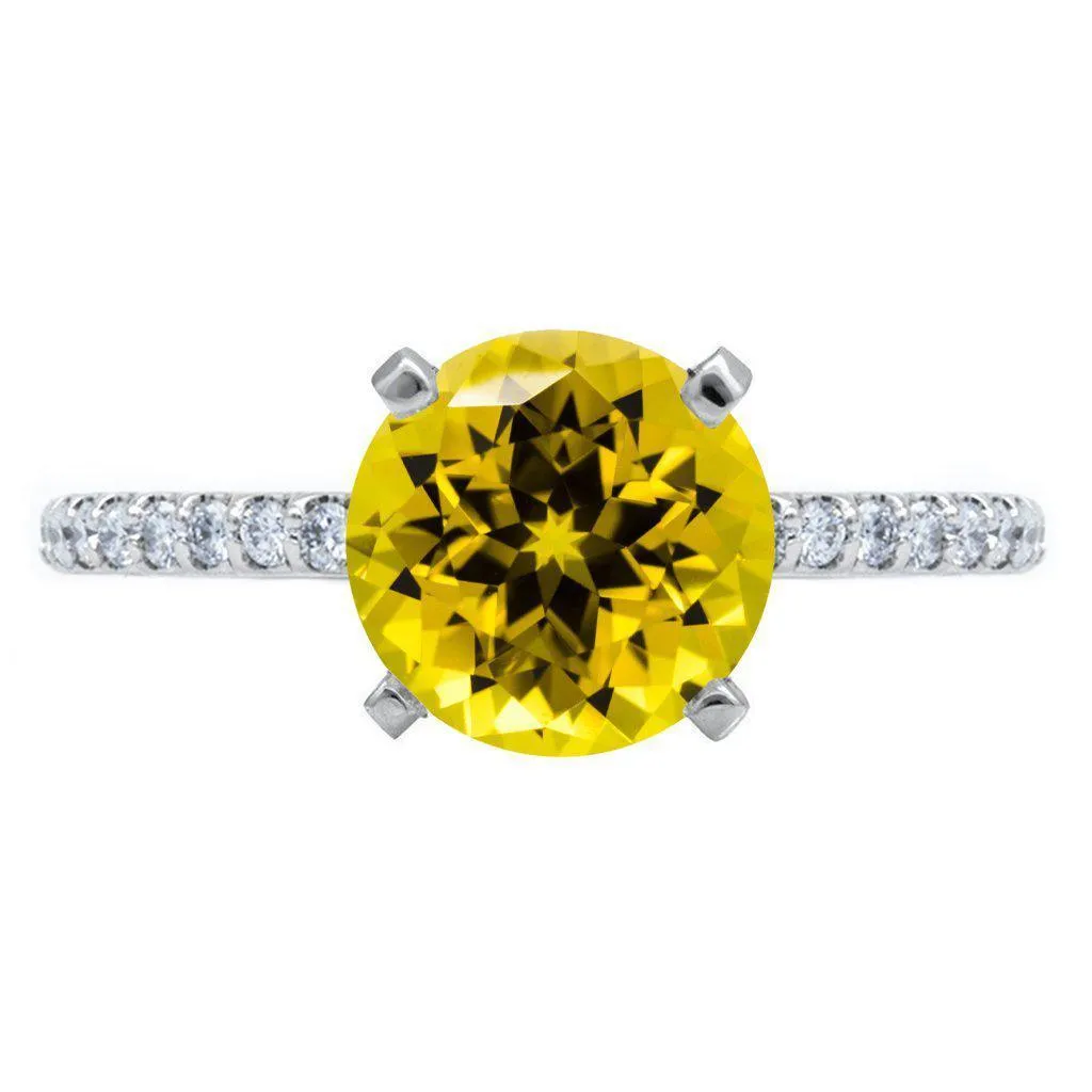 Round Yellow Sapphire 4 Prongs Diamond Accent Ice Cathedral Solitaire Ring