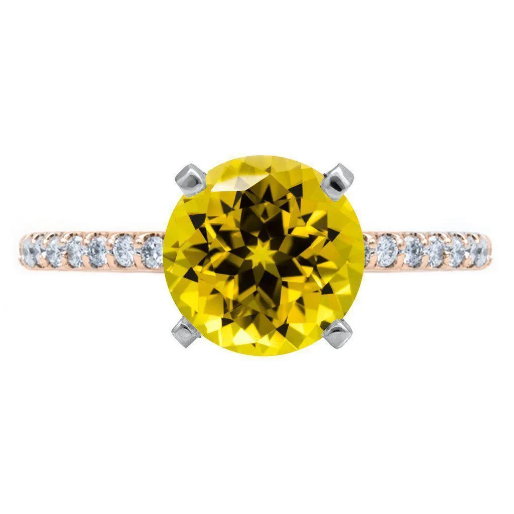 Round Yellow Sapphire 4 Prongs Diamond Accent Ice Cathedral Solitaire Ring