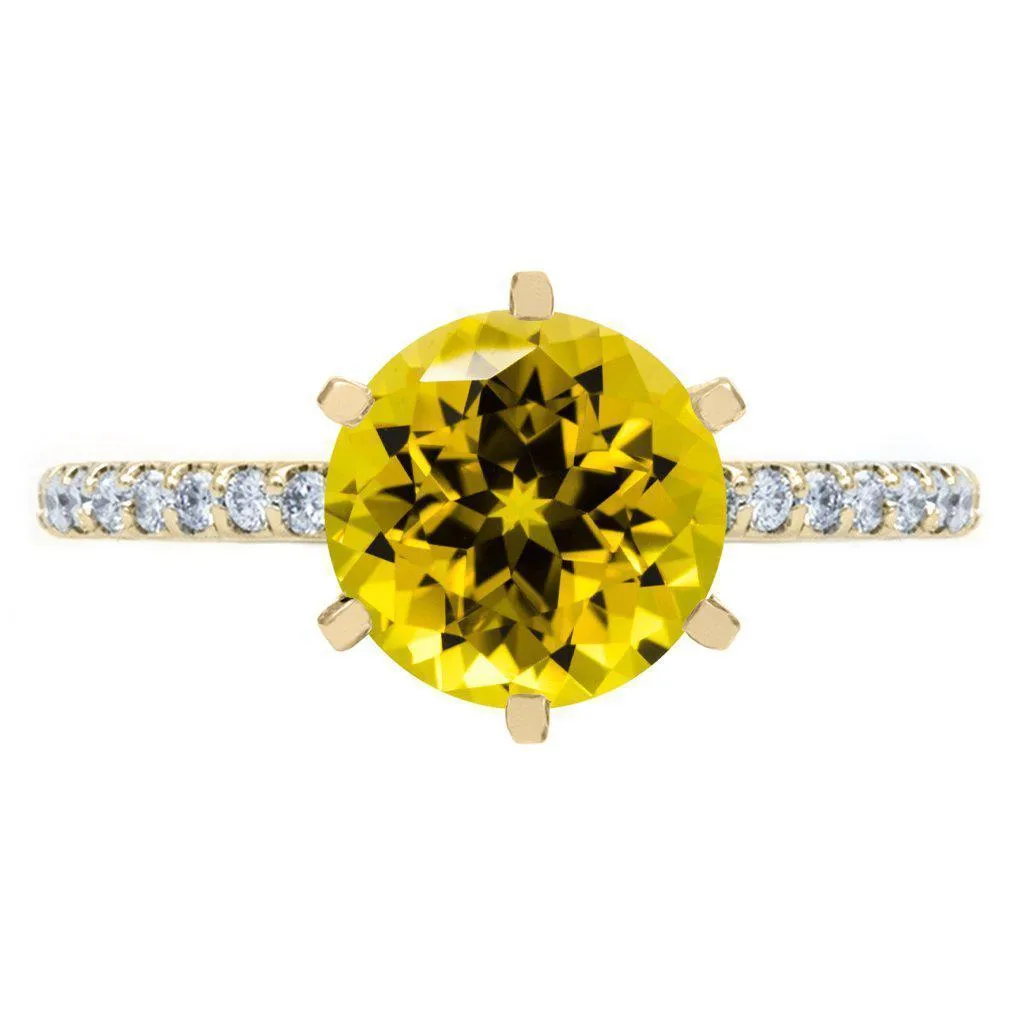 Round Yellow Sapphire 6 Prongs Diamond Accent Ice Cathedral Solitaire Ring