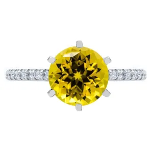 Round Yellow Sapphire 6 Prongs Diamond Accent Ice Cathedral Solitaire Ring