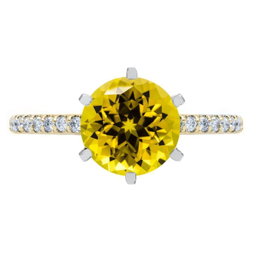 Round Yellow Sapphire 6 Prongs Diamond Accent Ice Cathedral Solitaire Ring