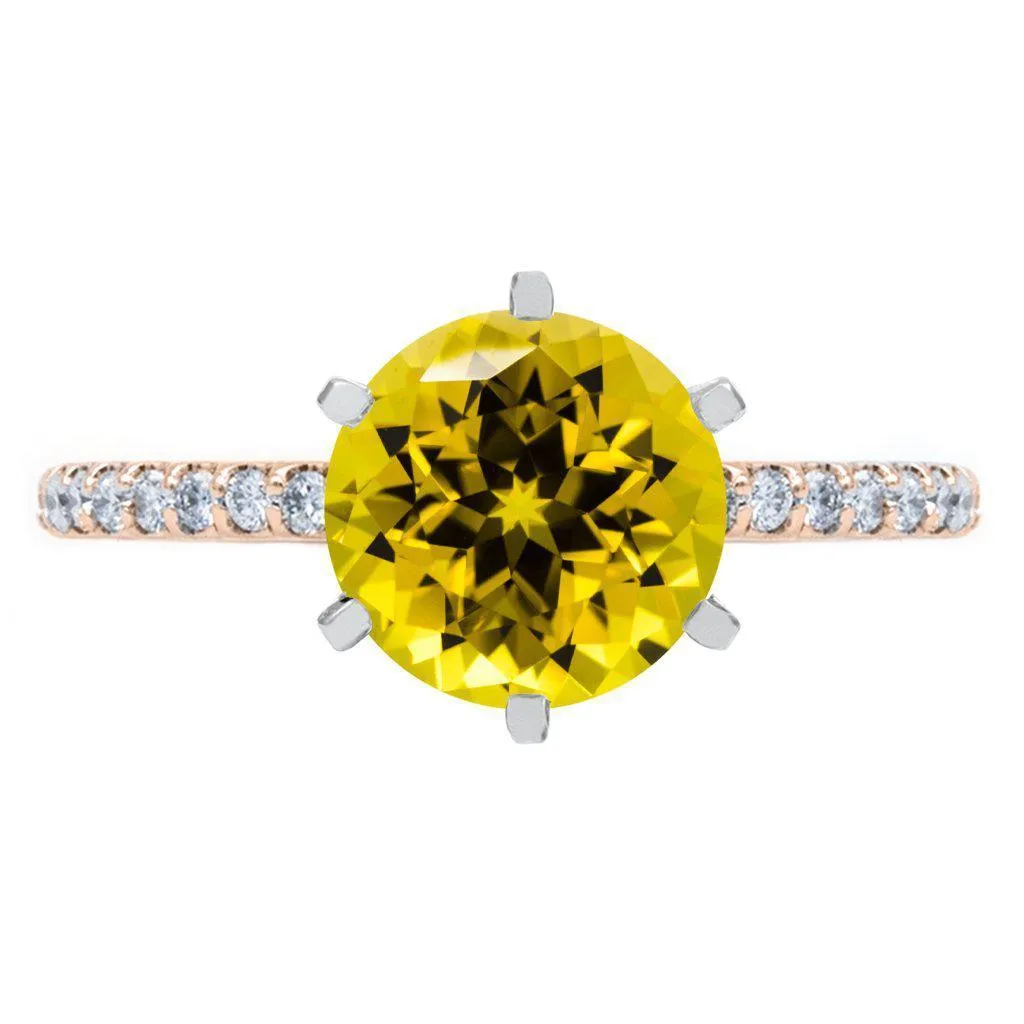 Round Yellow Sapphire 6 Prongs Diamond Accent Ice Cathedral Solitaire Ring