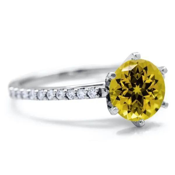 Round Yellow Sapphire 6 Prongs Diamond Accent Ice Cathedral Solitaire Ring
