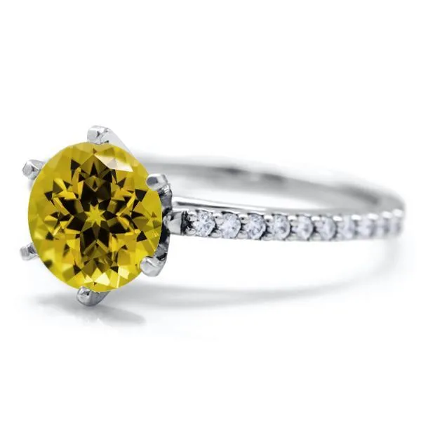Round Yellow Sapphire 6 Prongs Diamond Accent Ice Cathedral Solitaire Ring