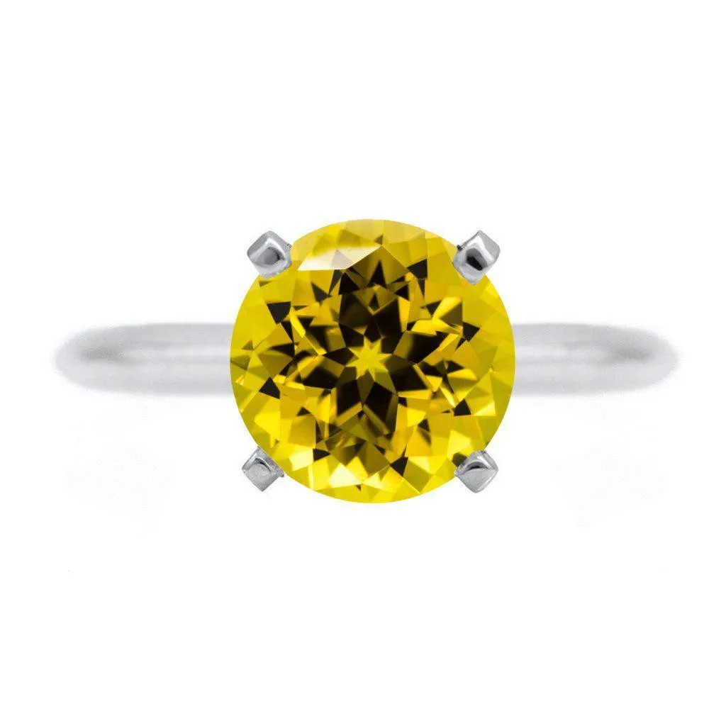 Round Yellow Sapphire Platinum 4 Prongs Solitaire Ring