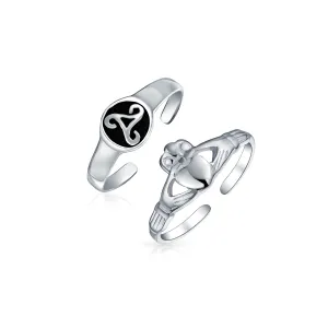 Set of 2 BFF Celtic Claddagh Heart & Trinity Knot  Midi Toe Ring Sterling Silver