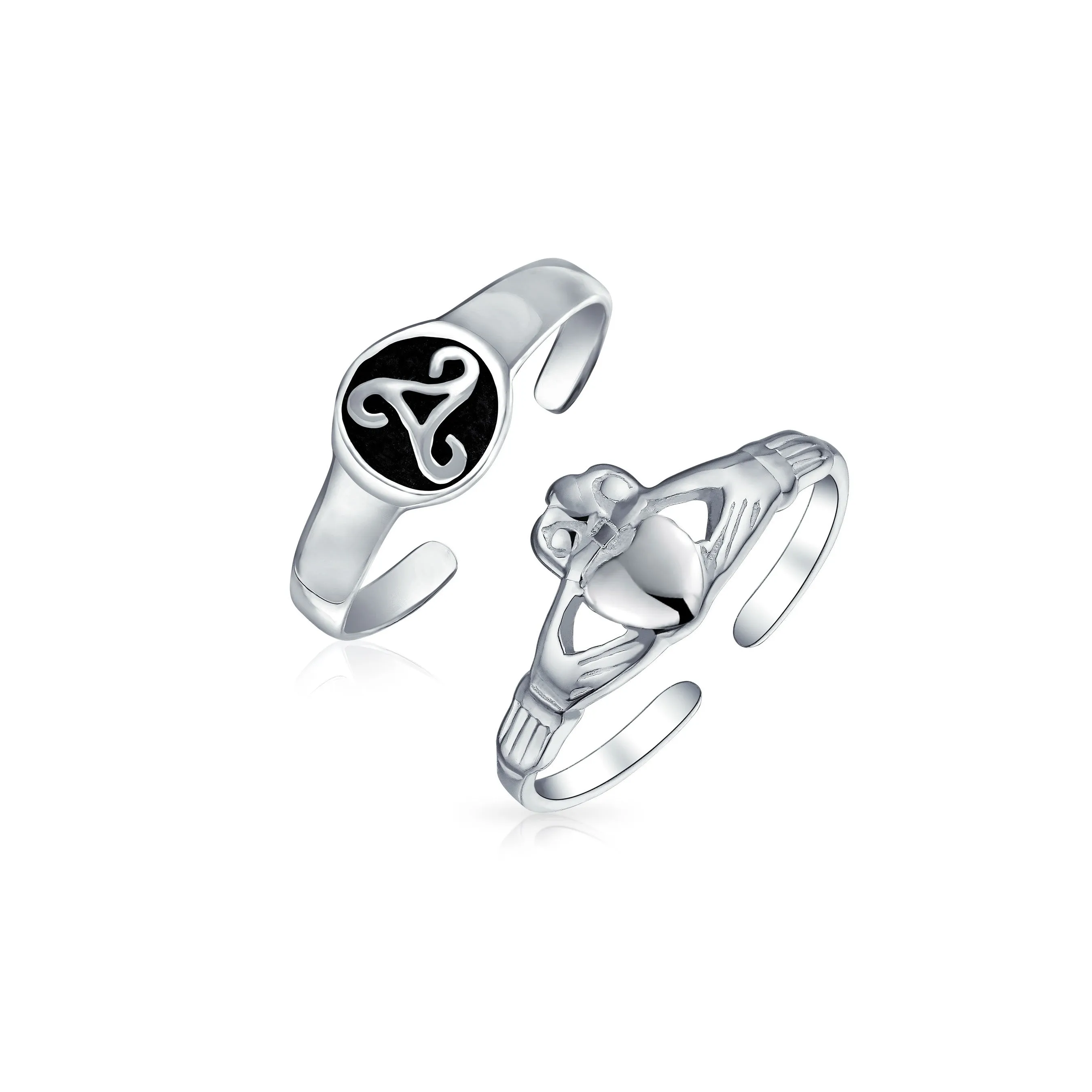 Set of 2 BFF Celtic Claddagh Heart & Trinity Knot  Midi Toe Ring Sterling Silver