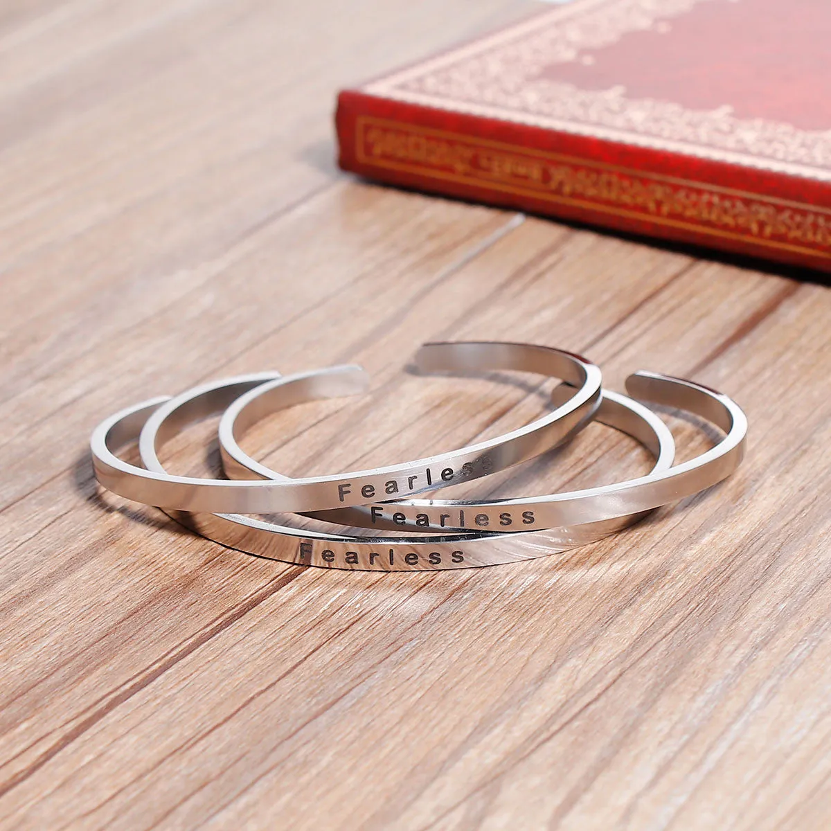 Sexy Sparkles Stainless Steel inch  Fearless inch  Positive Quotes Energy Open Cuff Bangle Bracelet