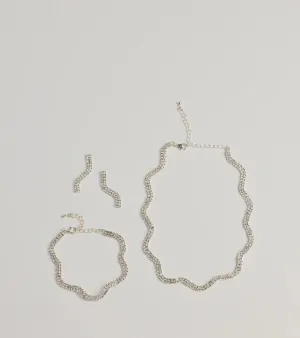 Shine On Wavy Rhinestone Necklace, Earrings, And Bracelet Set