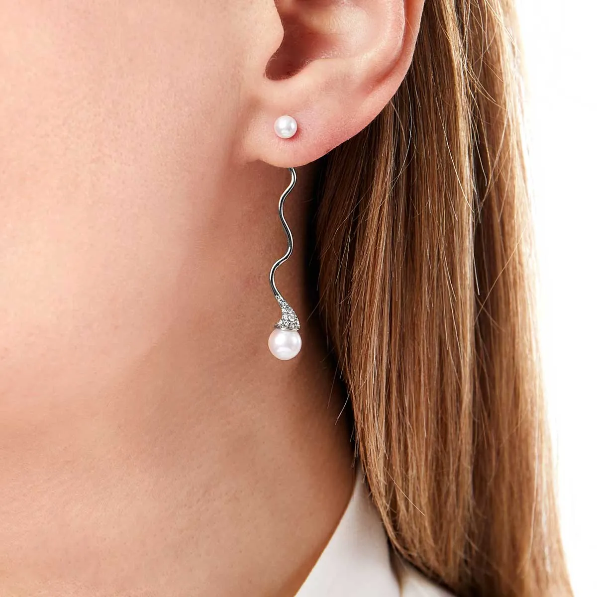 Sleek 18K Gold Double Pearl and Diamond Wave Earrings