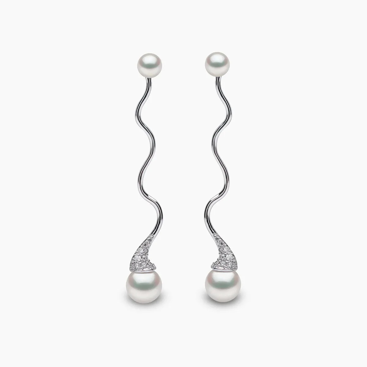 Sleek 18K Gold Double Pearl and Diamond Wave Earrings