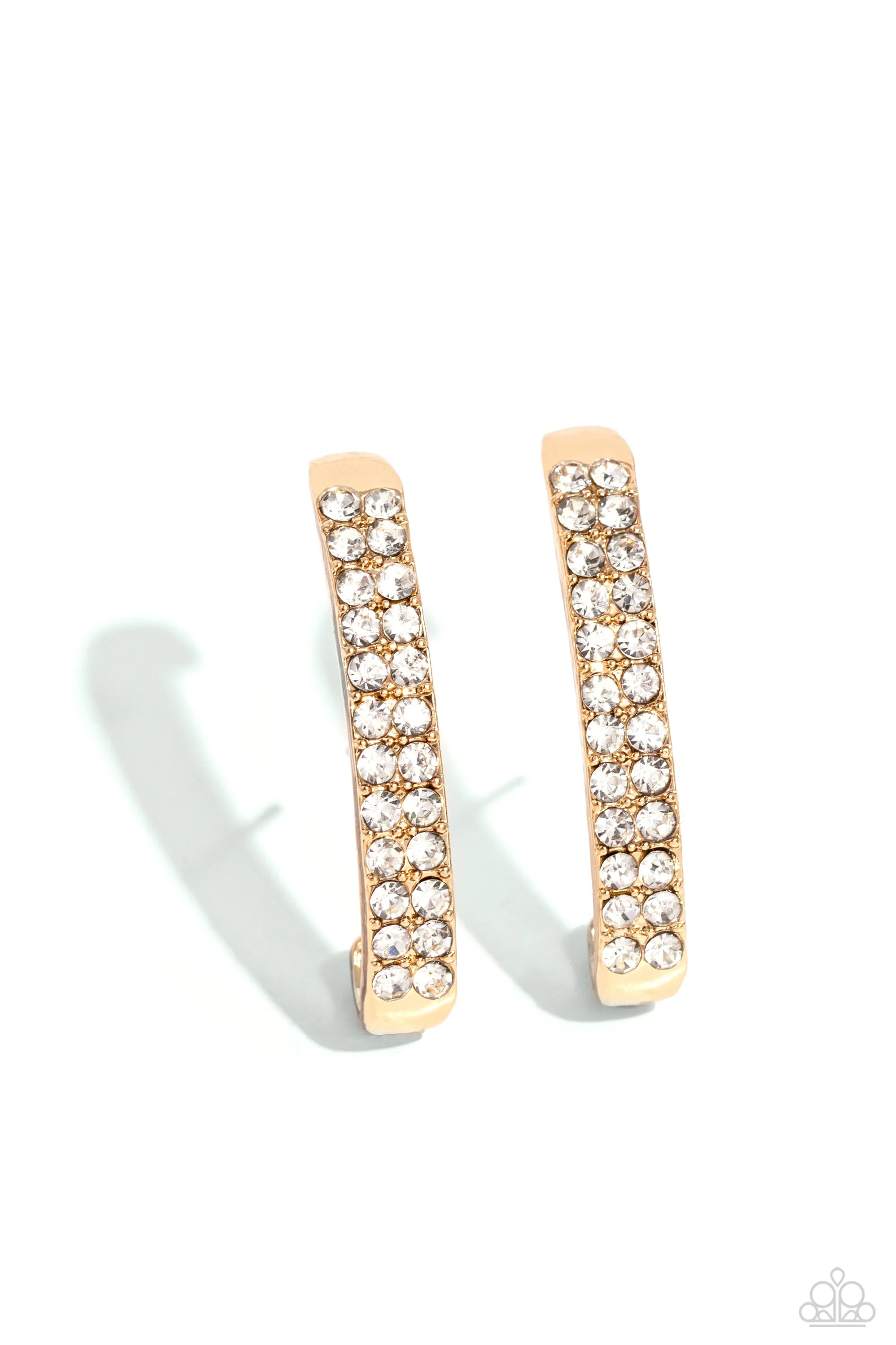 Sliding Series - Gold - White Rhinestone Bar Paparazzi Illusion Post Earrings