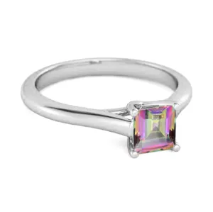 Solitaire Square Cut Mystic Topaz 925 Sterling Silver Promise Ring