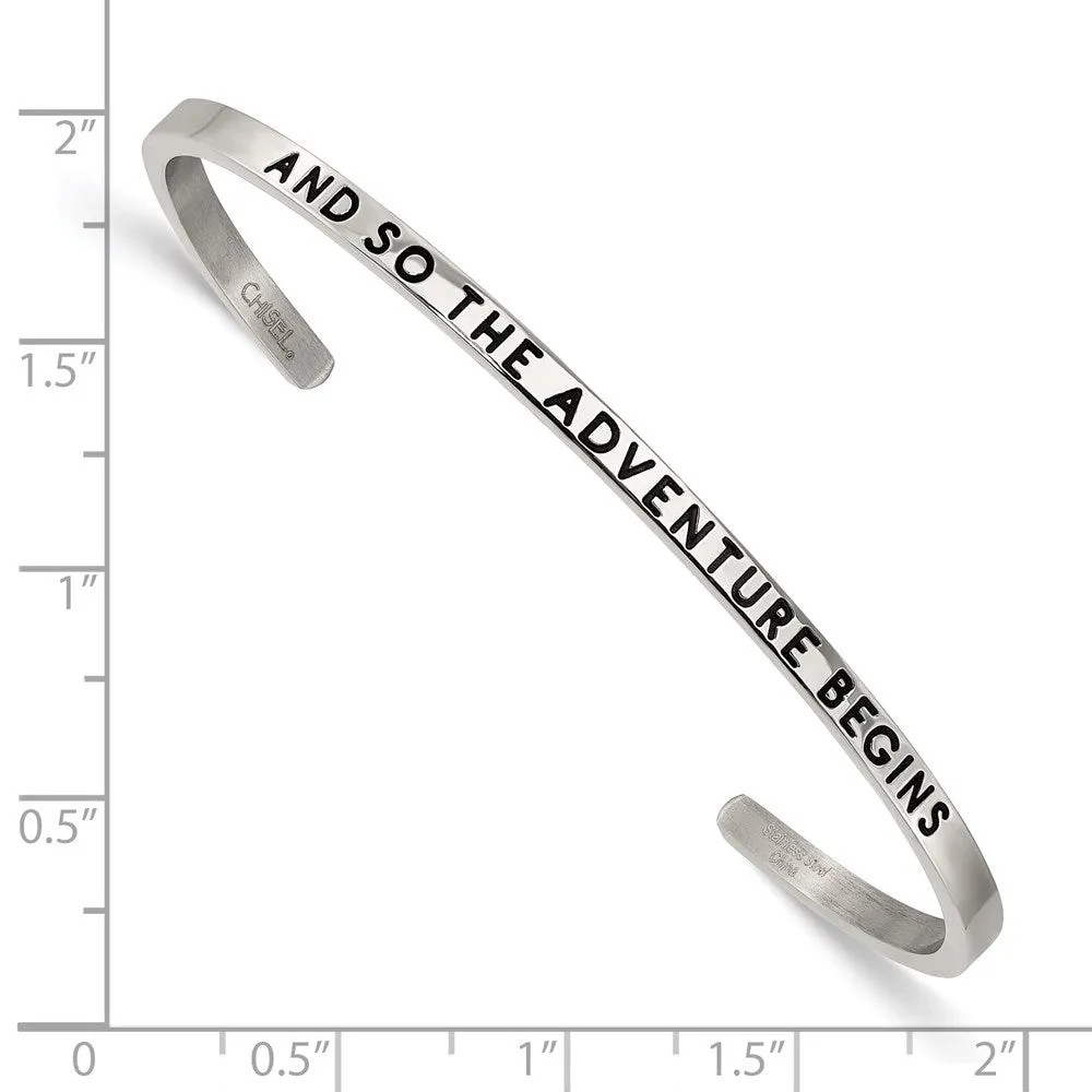Stainless Steel Polished Enamel/Crystal ADVENTURE BEGINS 3mm Bangle