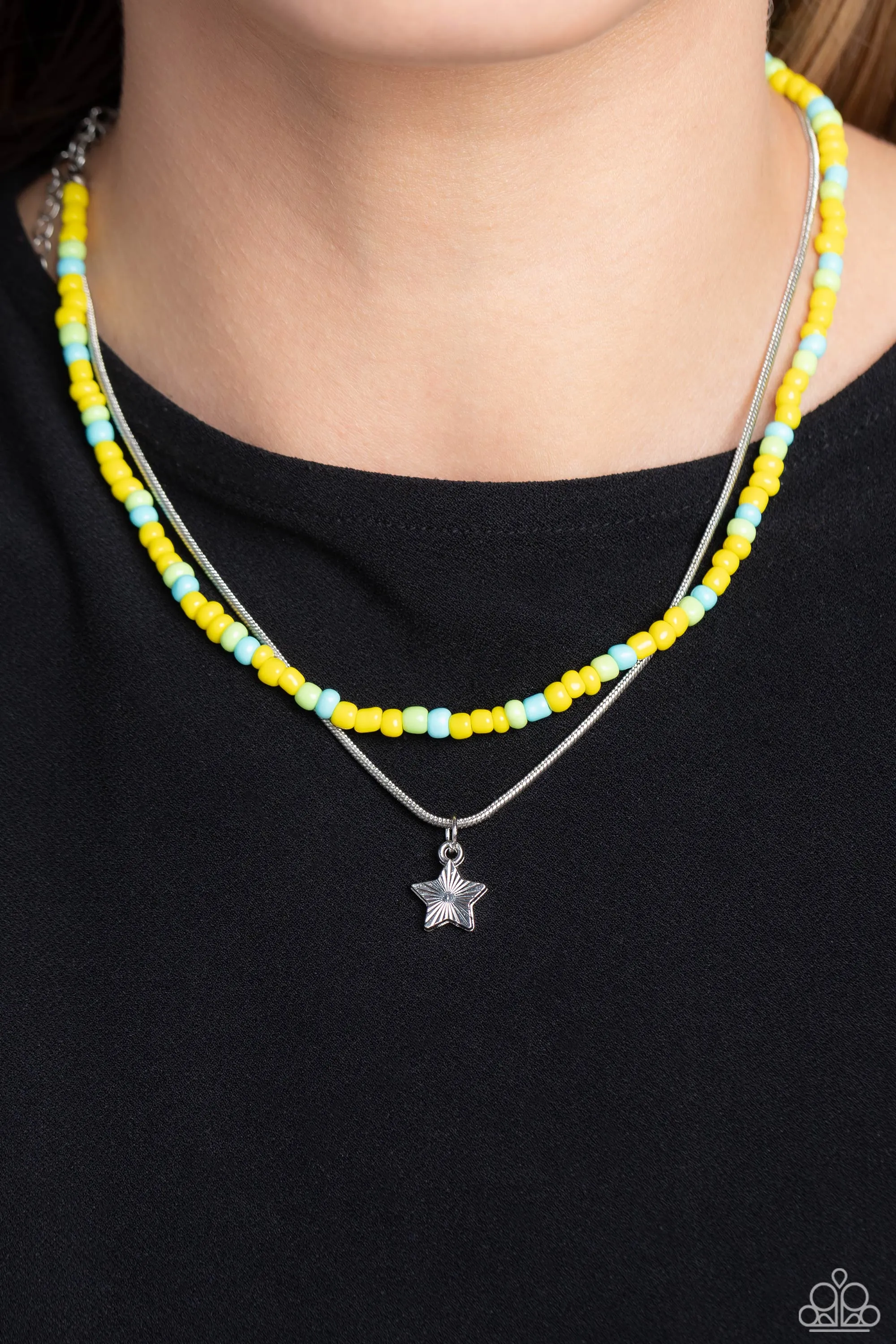 Starry Serendipity - Yellow (Blue and Green Seed Bead) Star Necklace