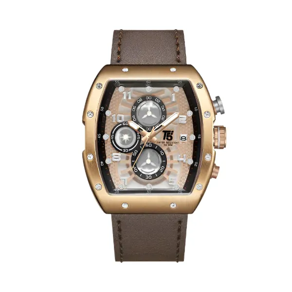 T5 Brown Leather Strap Rose Gold Dial Chronograph Quartz Watch for Gents - H3720G-B