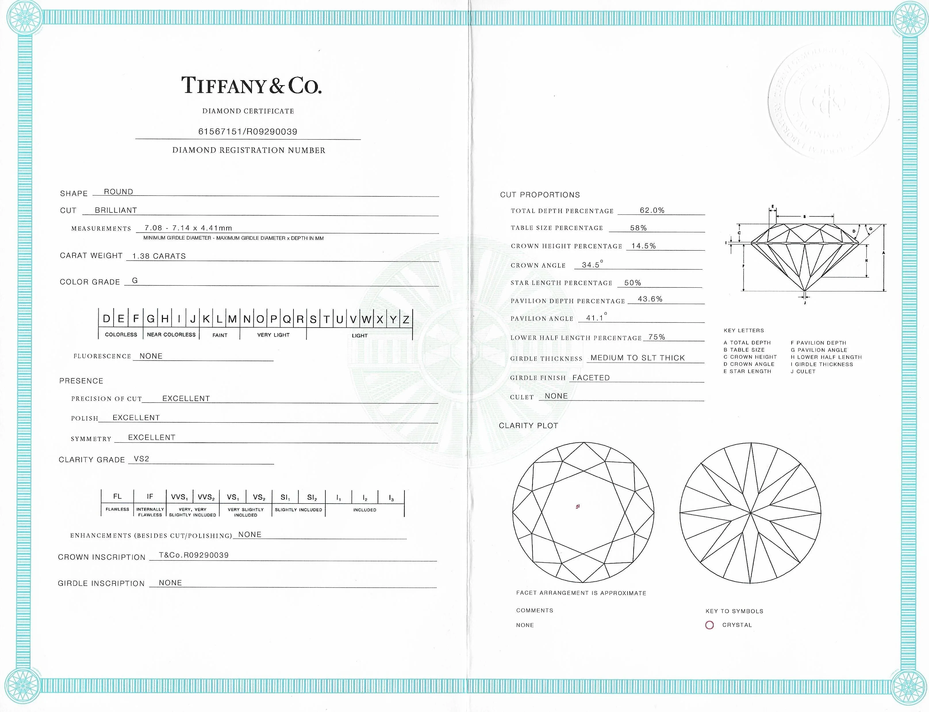 Tiffany & Co. 1.38 CTW Round Brilliant Diamond Platinum Solitaire Engagement Ring
