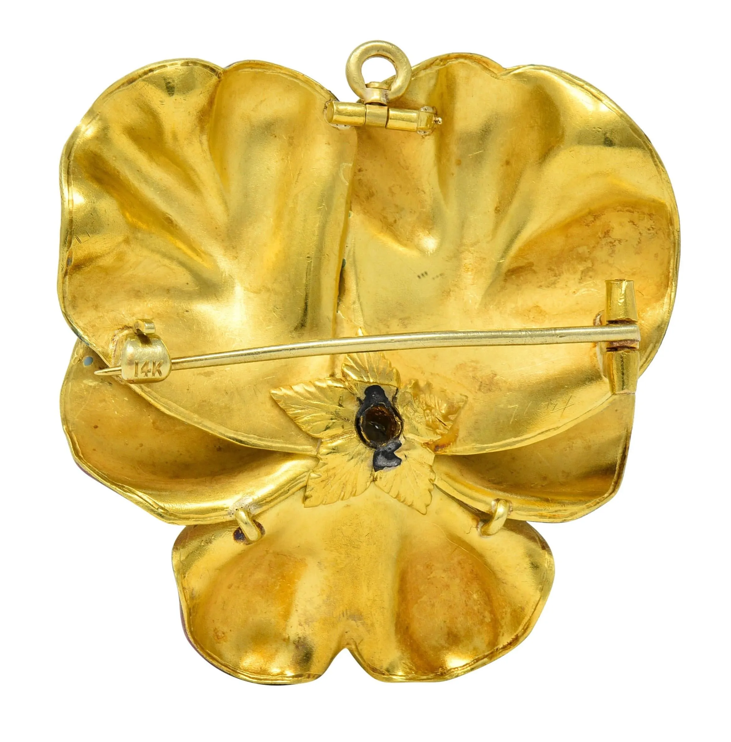 Tiffany & Co. Art Nouveau Diamond Enamel Platinum 14 Karat Yellow Gold Pansy Flower Antique Pendant Brooch