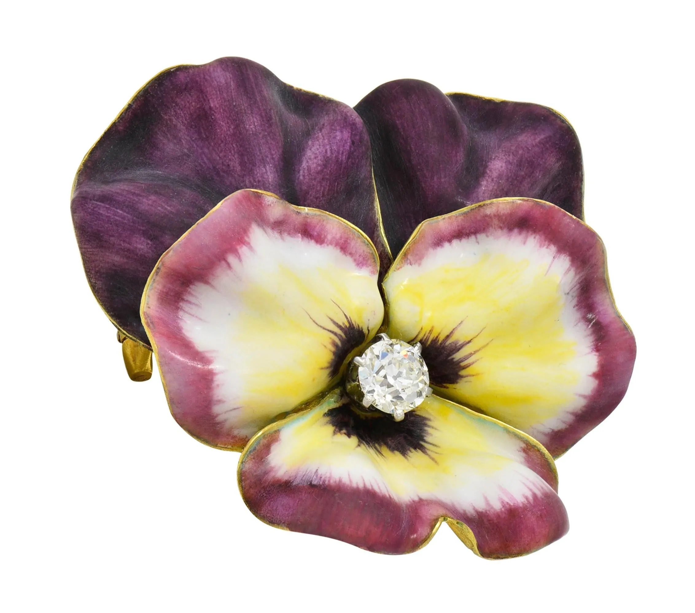 Tiffany & Co. Art Nouveau Diamond Enamel Platinum 14 Karat Yellow Gold Pansy Flower Antique Pendant Brooch