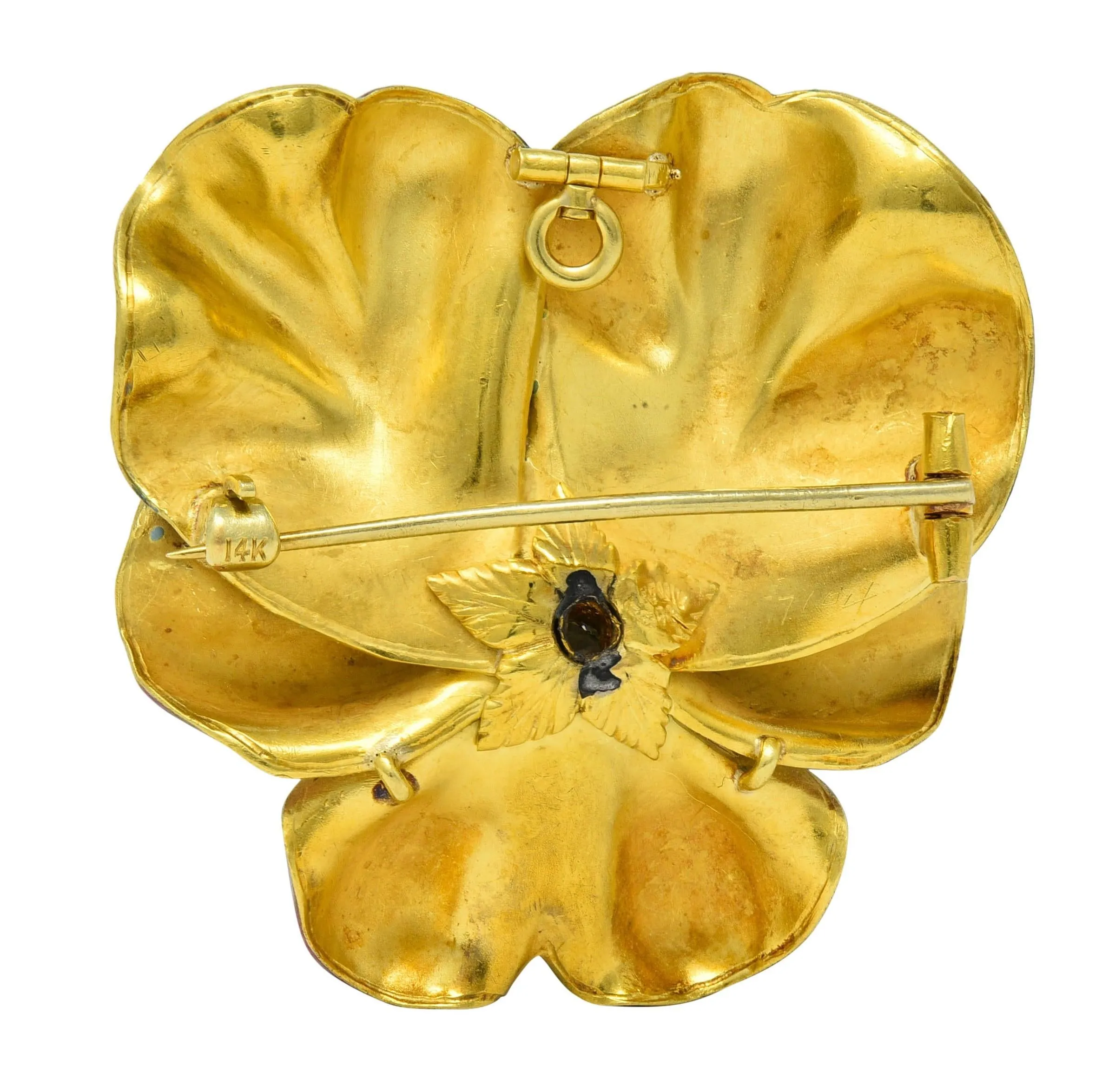 Tiffany & Co. Art Nouveau Diamond Enamel Platinum 14 Karat Yellow Gold Pansy Flower Antique Pendant Brooch