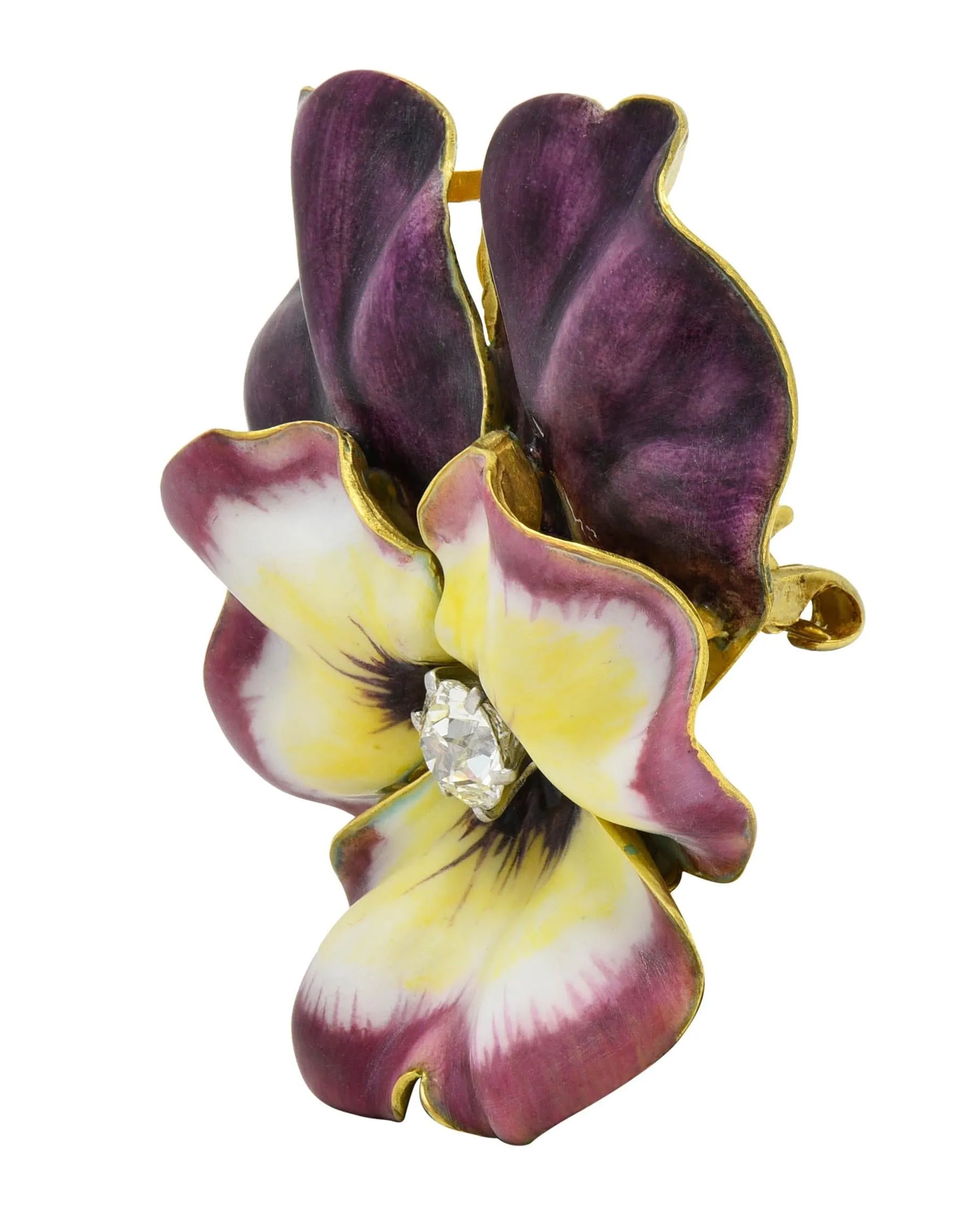 Tiffany & Co. Art Nouveau Diamond Enamel Platinum 14 Karat Yellow Gold Pansy Flower Antique Pendant Brooch