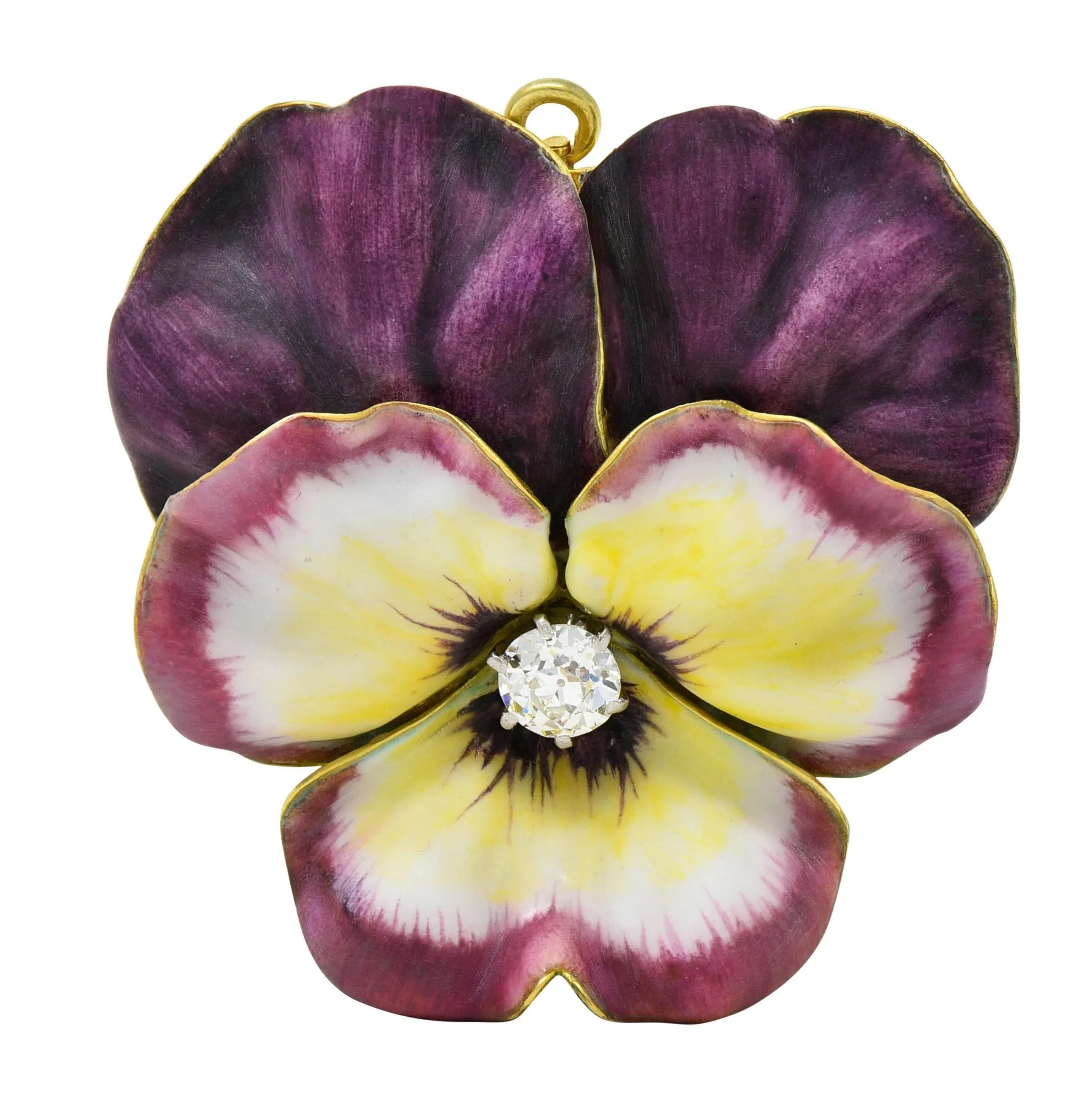 Tiffany & Co. Art Nouveau Diamond Enamel Platinum 14 Karat Yellow Gold Pansy Flower Antique Pendant Brooch