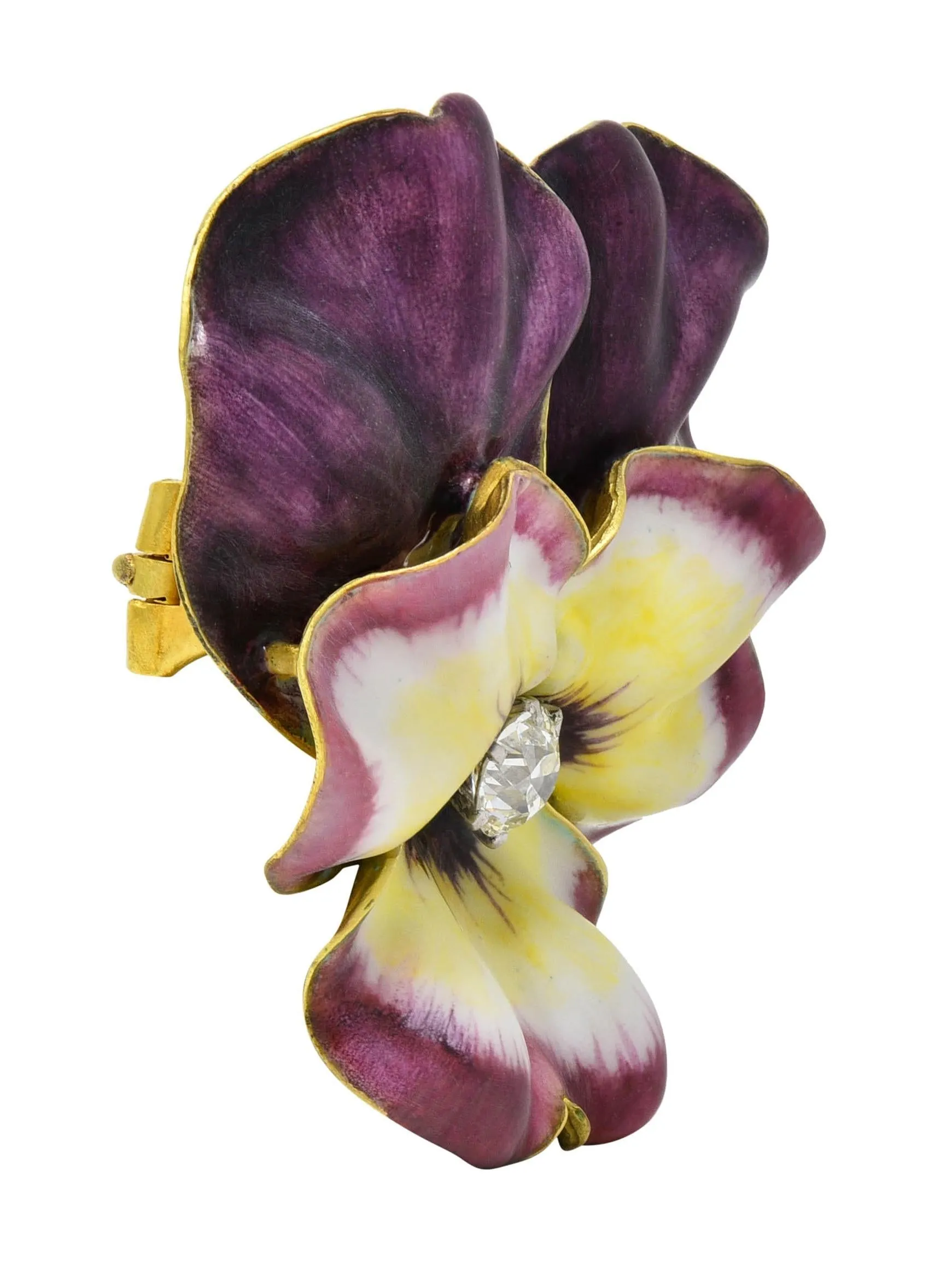 Tiffany & Co. Art Nouveau Diamond Enamel Platinum 14 Karat Yellow Gold Pansy Flower Antique Pendant Brooch