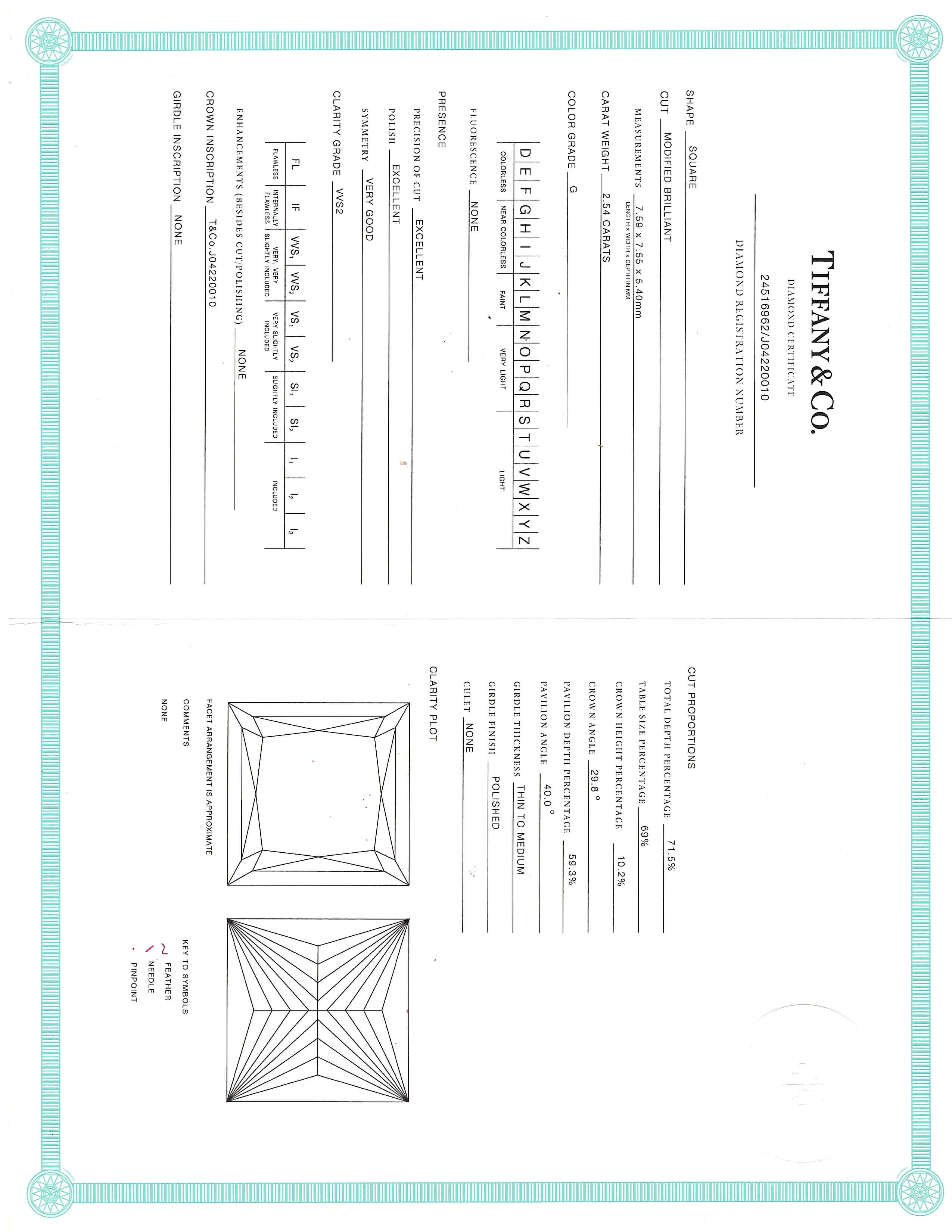 Tiffany & Co. Diamond Solitaire Ring, 2.54 carat G/VVS2, in Platinum